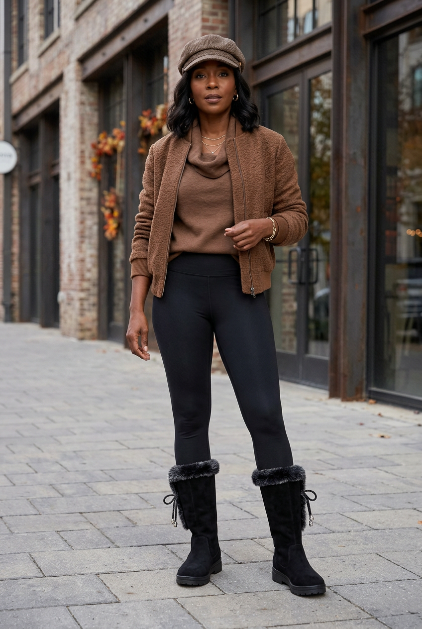 Urban streetwear look with black leggings, brown bomber jacket, slouch-collar top, newsboy cap, and trimmed boots
