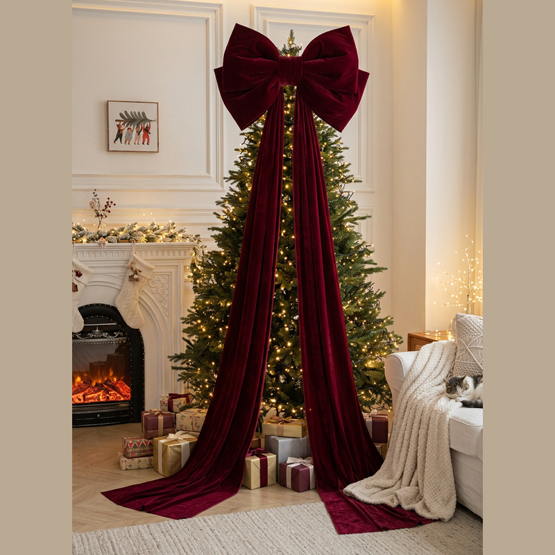 Velvet Christmas Bow — Hero Tree with Floor-Length Tails