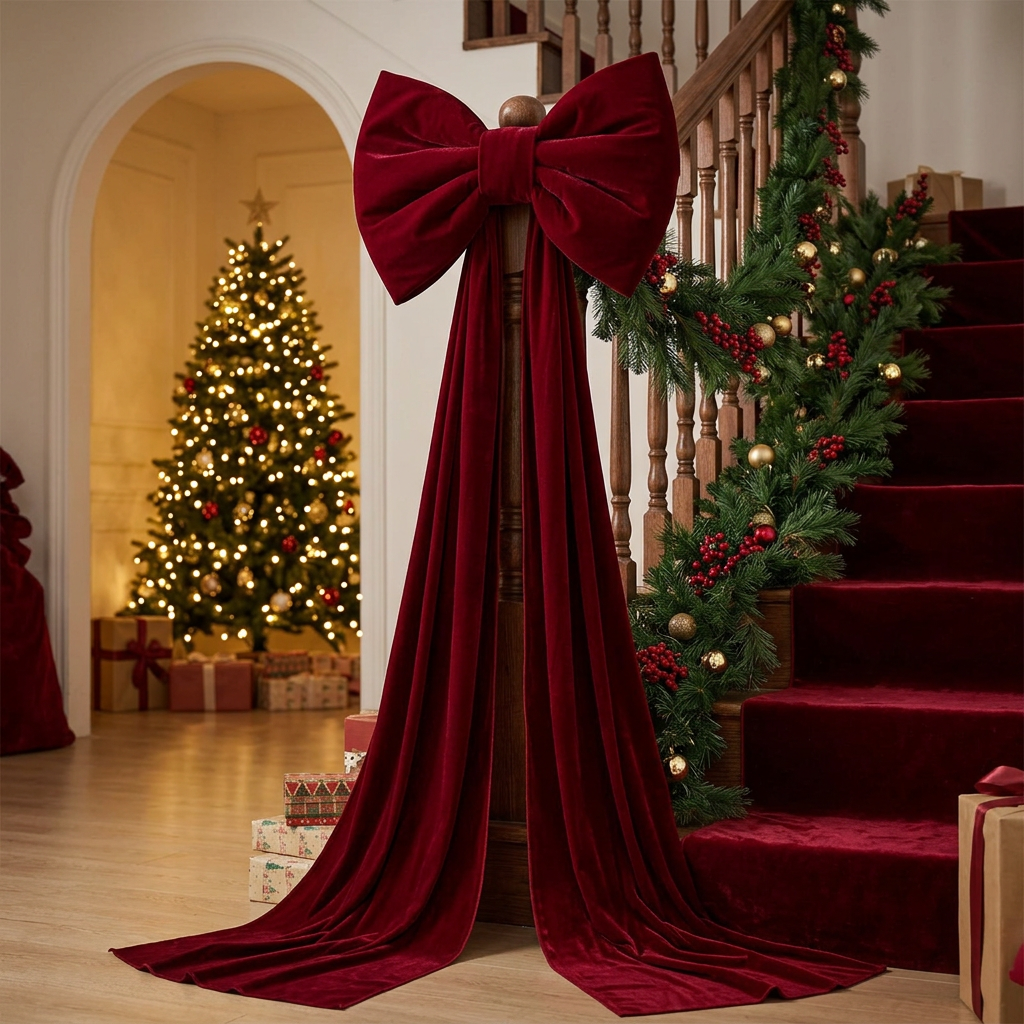 Velvet Christmas Bow — Staircase with Long Tails (Revised)