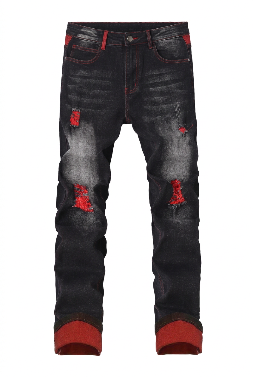 Washed black jeans with red-backed distressing and red cuffs on a pure white background