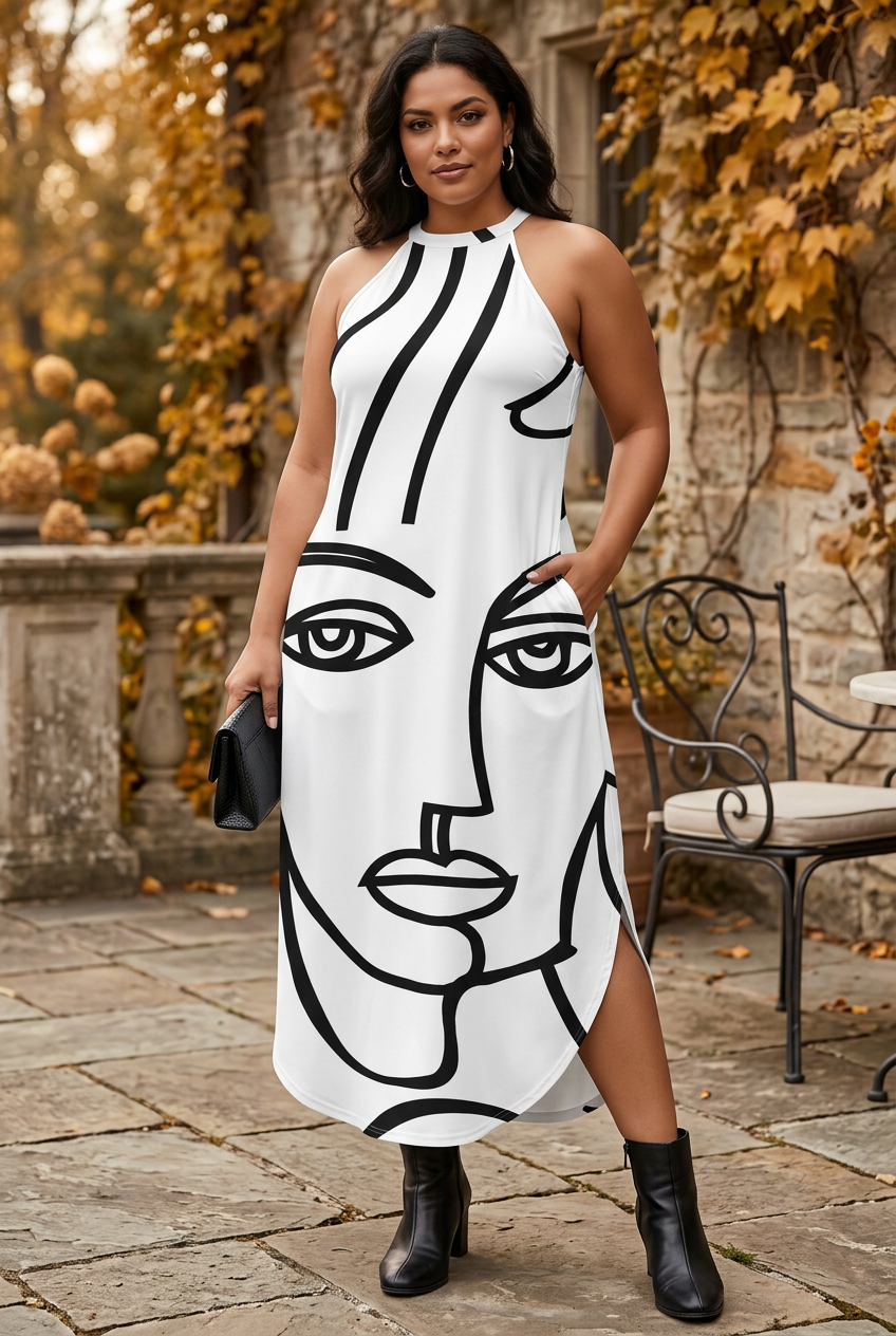 White abstract-face dress in an autumn setting