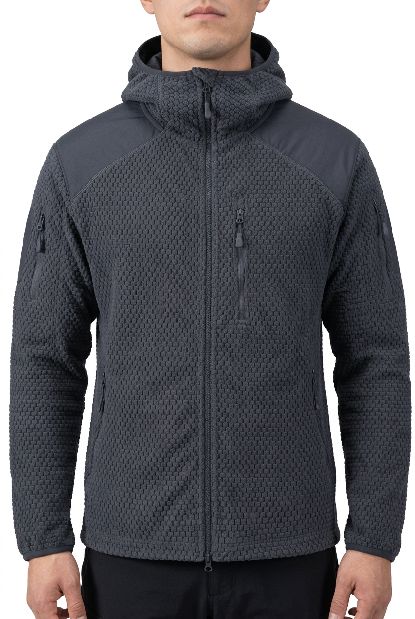 White-background close-up of the charcoal jacket’s texture and pockets