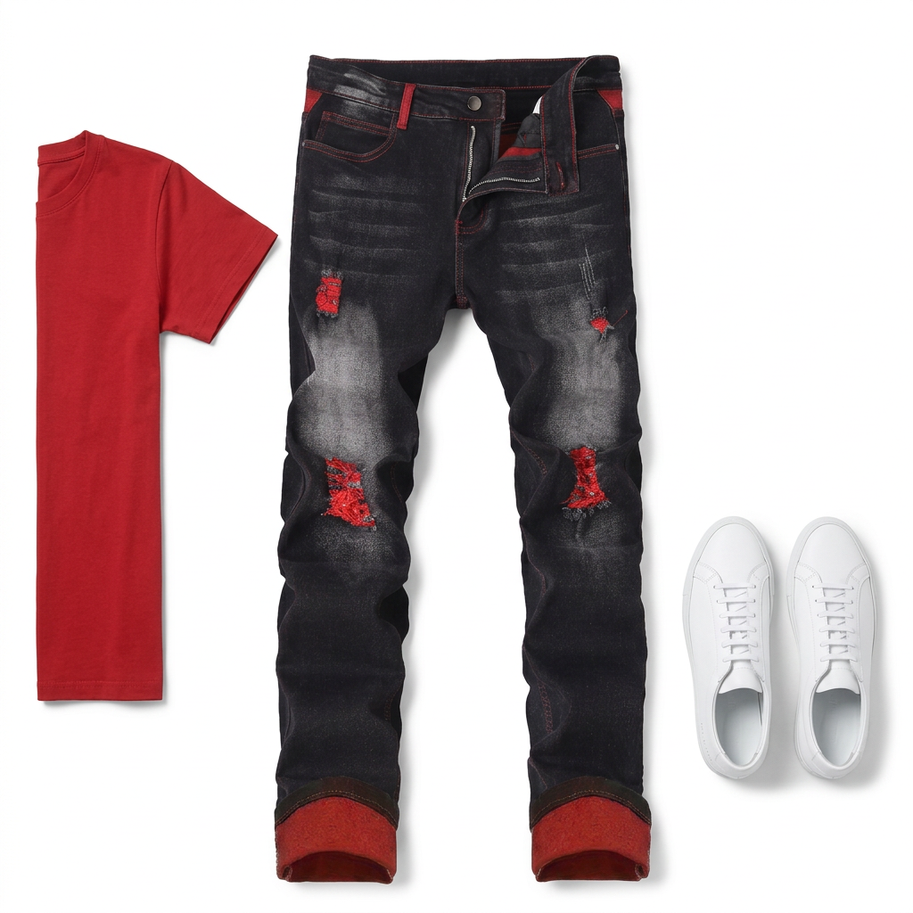 White-background outfit flat lay with jeans, red shirt, and white sneakers