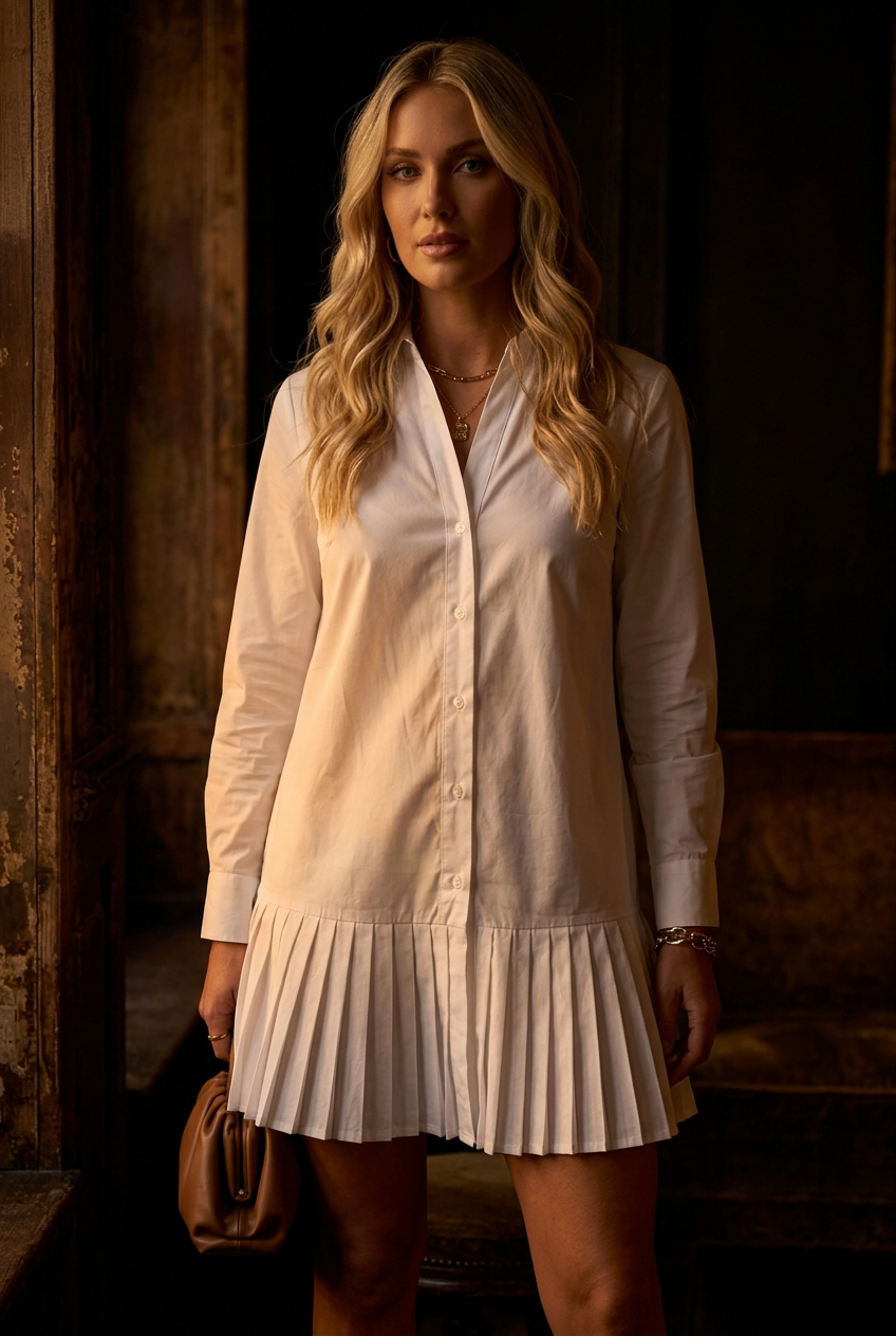 White Dress — Standing, Dim Moody Lighting, Dress Details