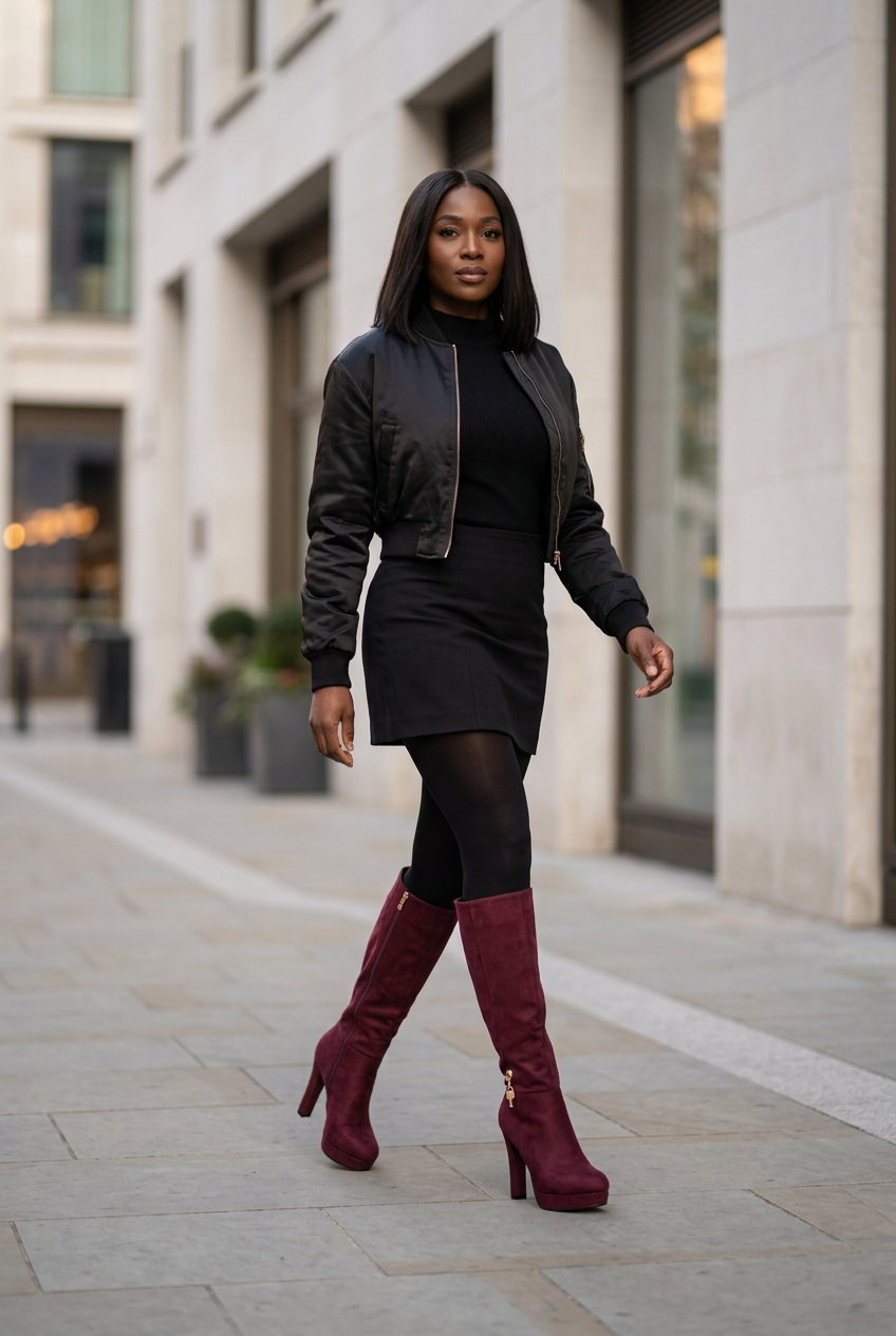 Wine-red platform boots styled with a black outfit