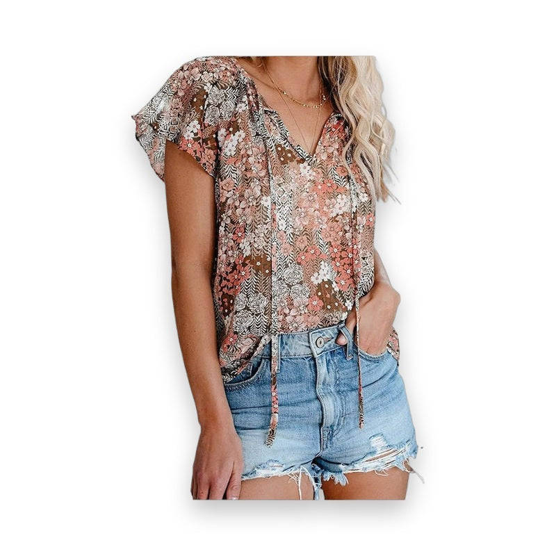 Women's boho floral print v-neck blouse with drawstring and cap sleeves