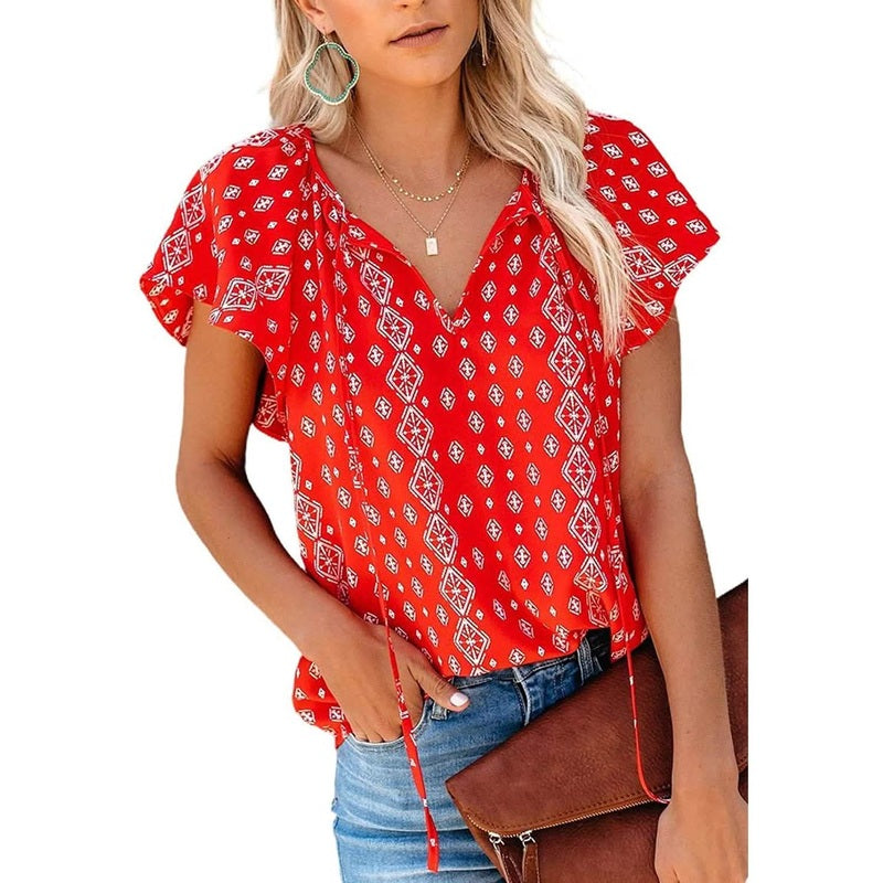 Red geometric diamond pattern v-neck top with flutter sleeves