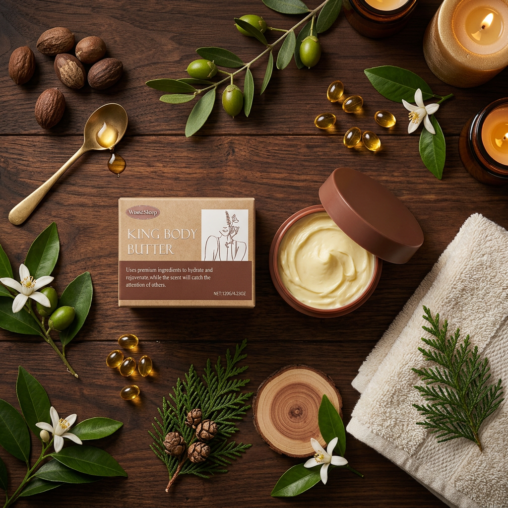 WoodSleep King Body Butter — Spa Flat Lay