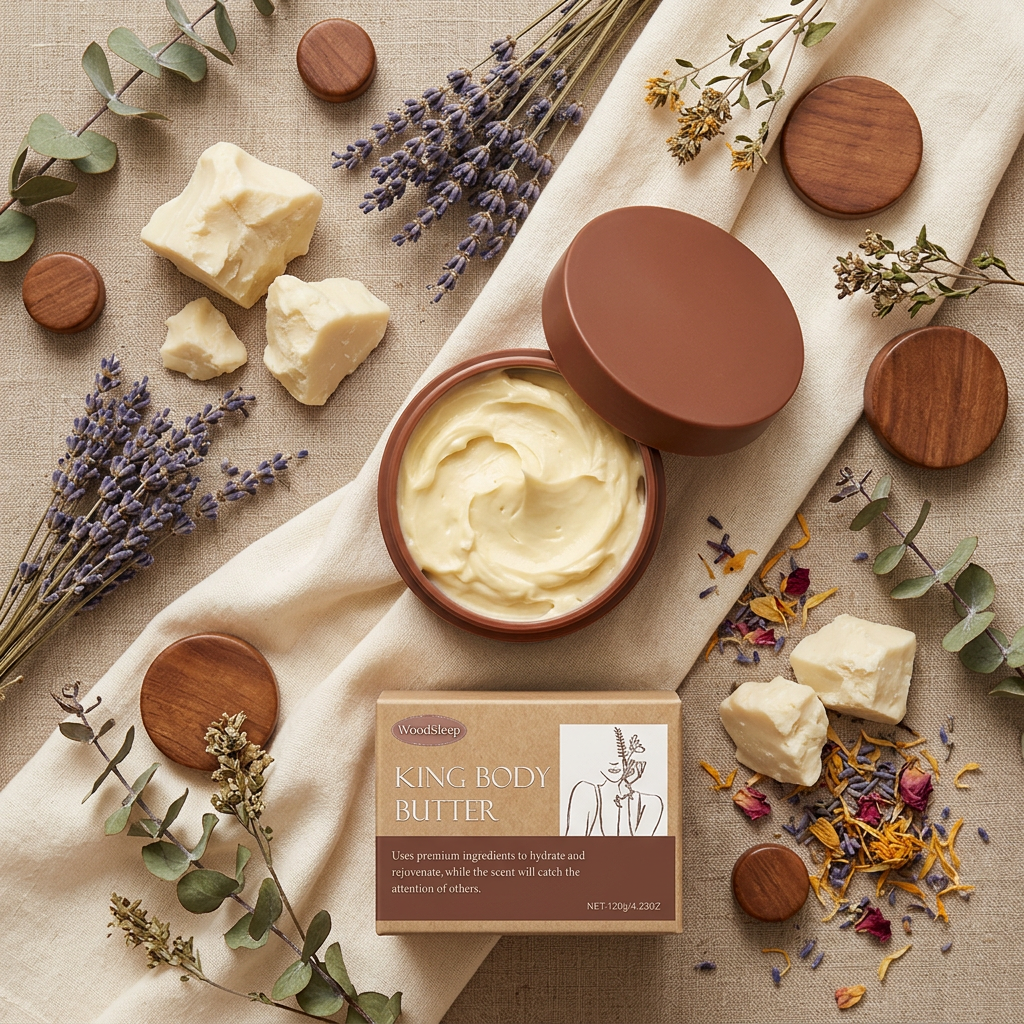 WoodSleep King Body Butter — Warm Linen Botanical Flat Lay