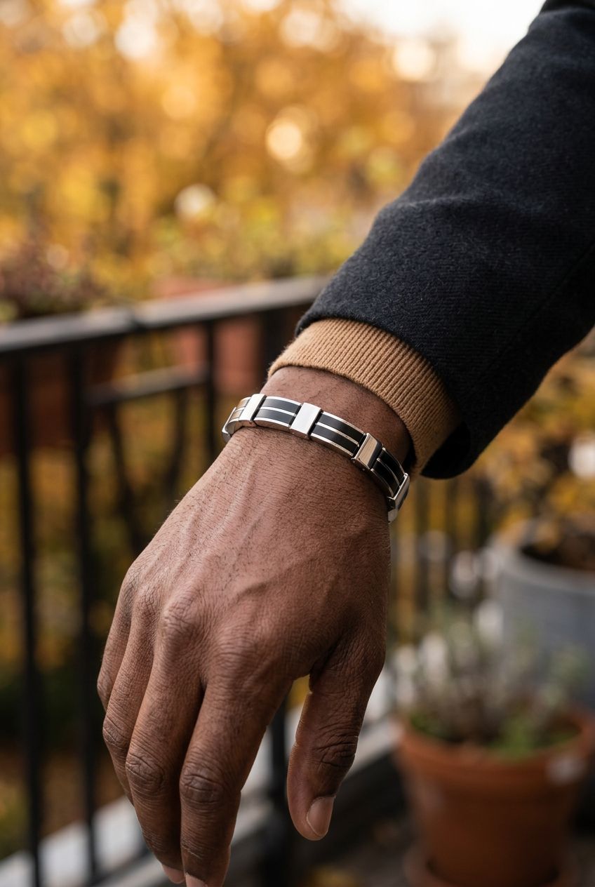 Wrist model wearing the black-and-silver bracelet