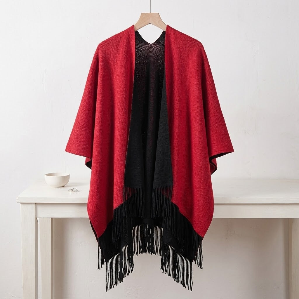 Women's Double-Sided Knit Split Shawl Poncho
