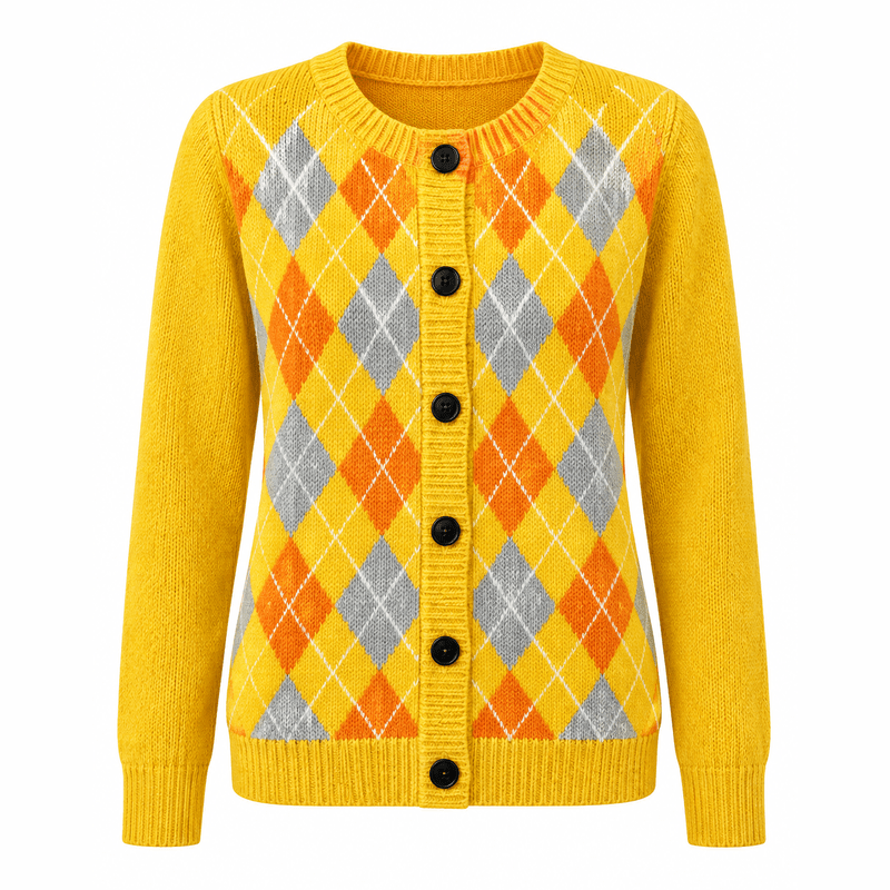 Yellow Argyle Knit Cardigan – White Background