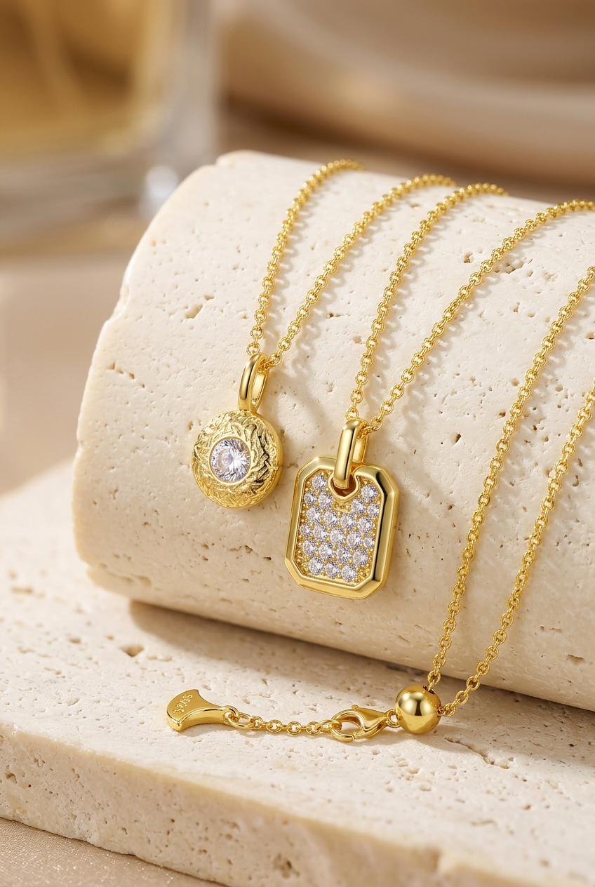 Yellow-gold-tone two-pendant necklace cinematic hero