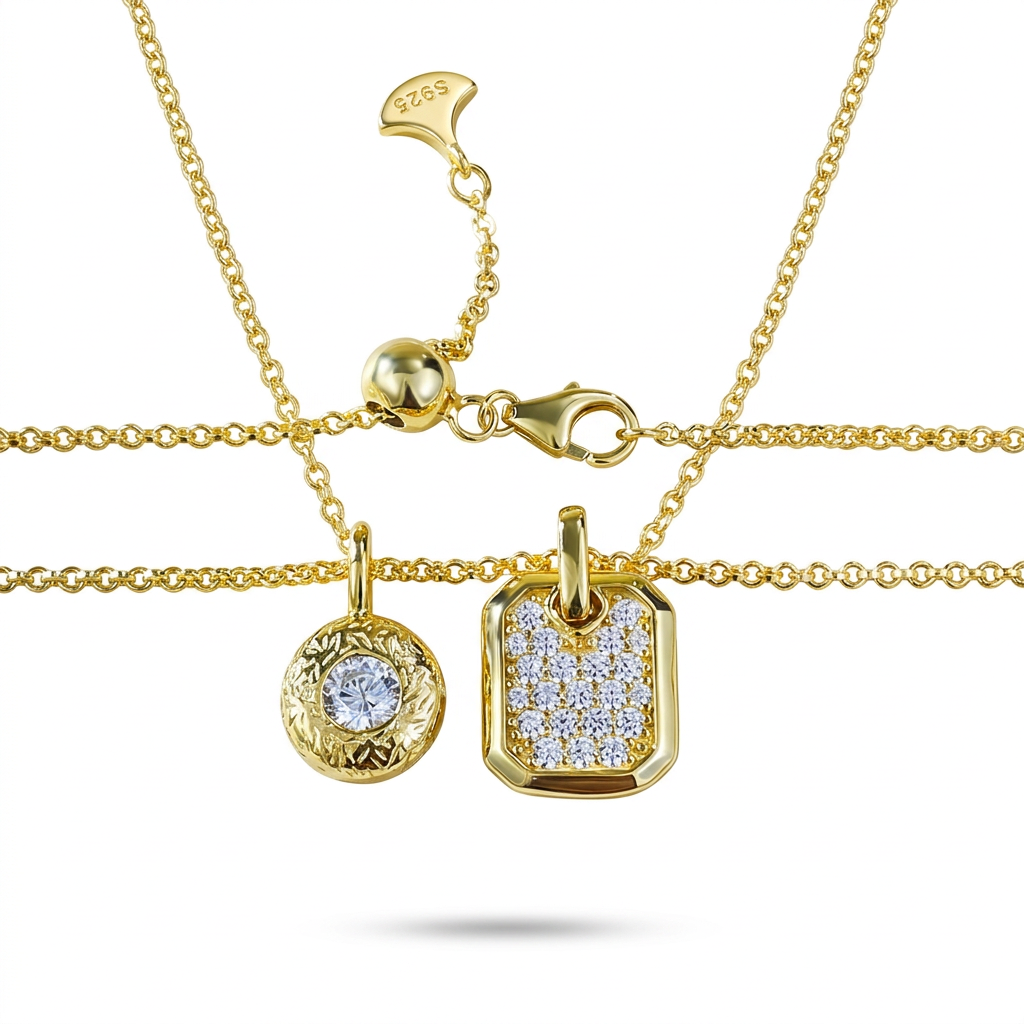 Yellow-gold-tone two-pendant necklace on pure white