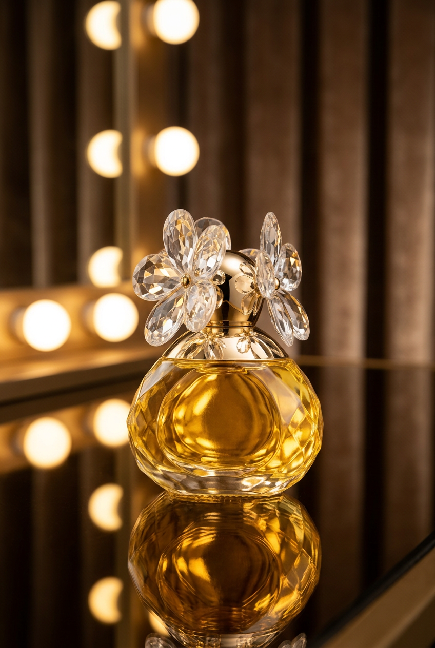 Yellow Happiness Flower perfume on a cinematic golden vanity