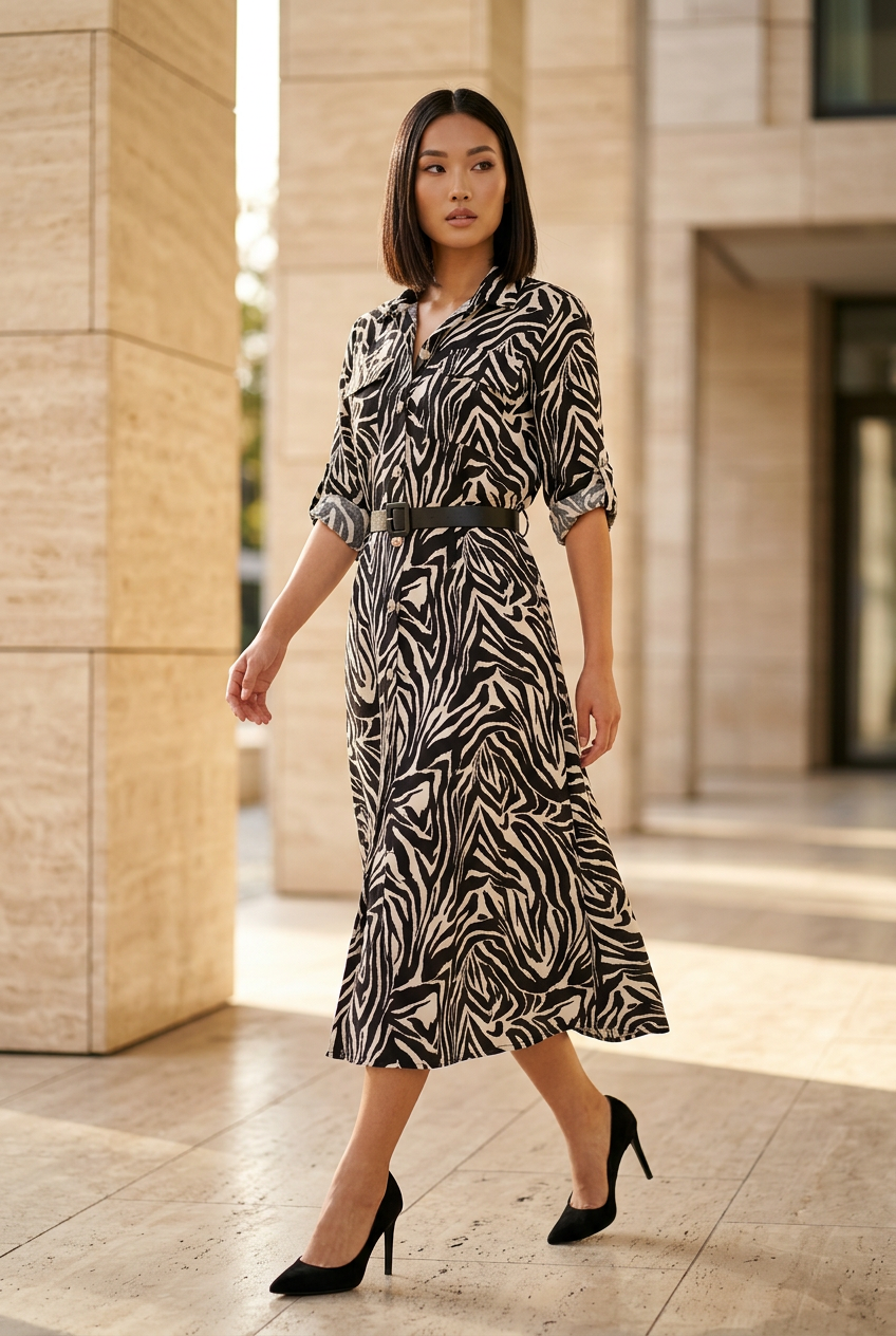 Zebra dress in a sunlit architectural outdoor setting