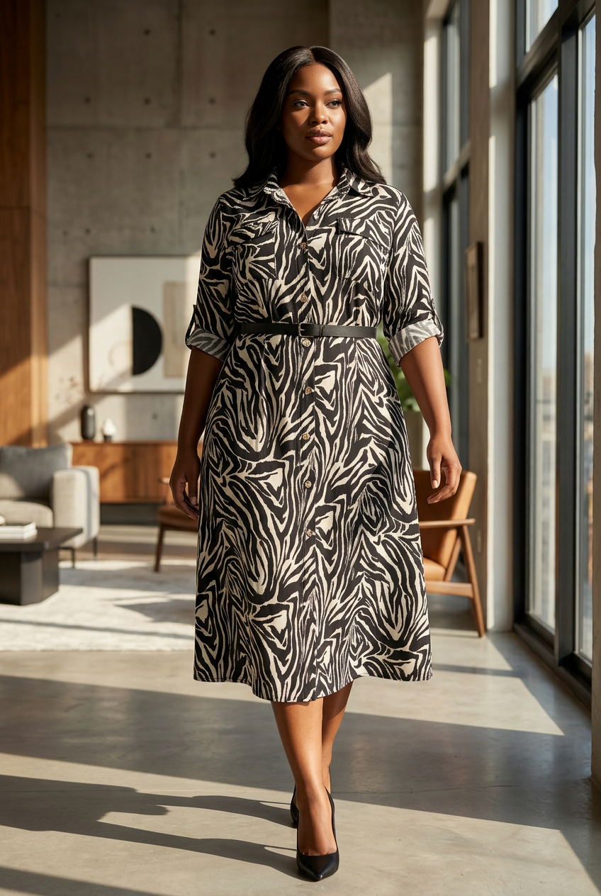 Zebra dress in a sunlit modern loft